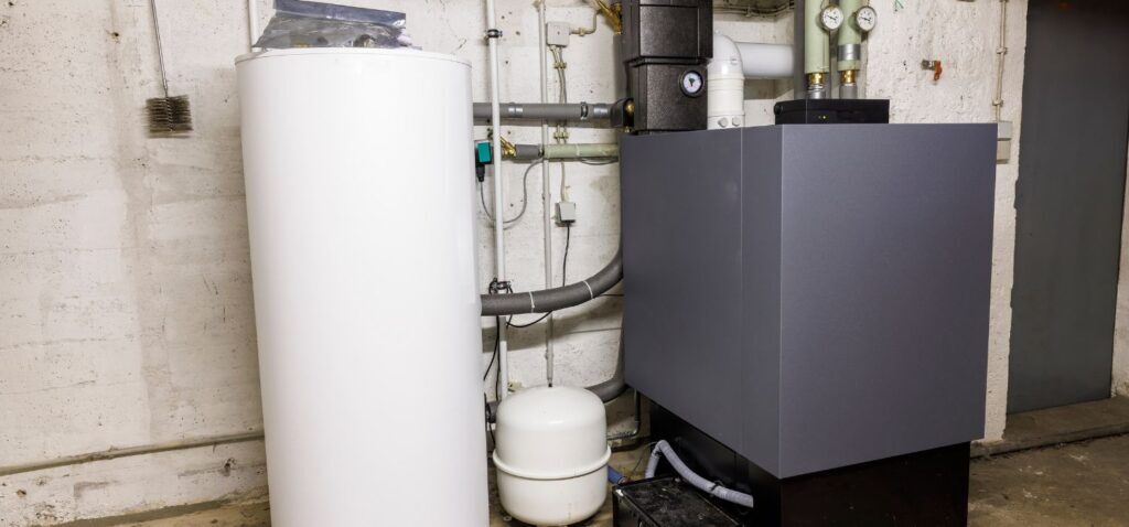 A home heating system with a boiler and water heater in a basement, illustrating proper equipment setup for annual heating tune-ups.